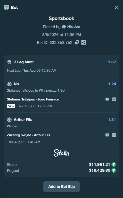 Bet slip: Zachary Svajda - Arthur Fils, $11,973.18 stake at 1.31 odds, placed by Hidden