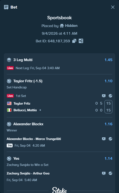Bet slip: Zachary Svajda - Arthur Gea, $21,156.57 stake at 1.14 odds, placed by Hidden