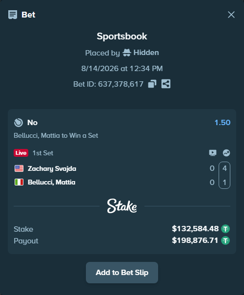 Bet slip: Zachary Svajda - Bellucci, Mattia, $132,717.06 stake at 1.50 odds, placed by Hidden