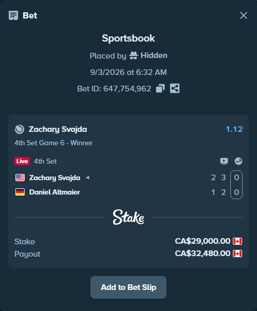Bet slip: Zachary Svajda - Daniel Altmaier, $21,460.00 stake at 1.12 odds, placed by Hidden