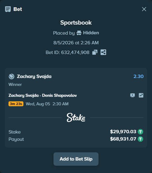Bet slip: Zachary Svajda - Denis Shapovalov, $30,000.00 stake at 2.30 odds, placed by Hidden
