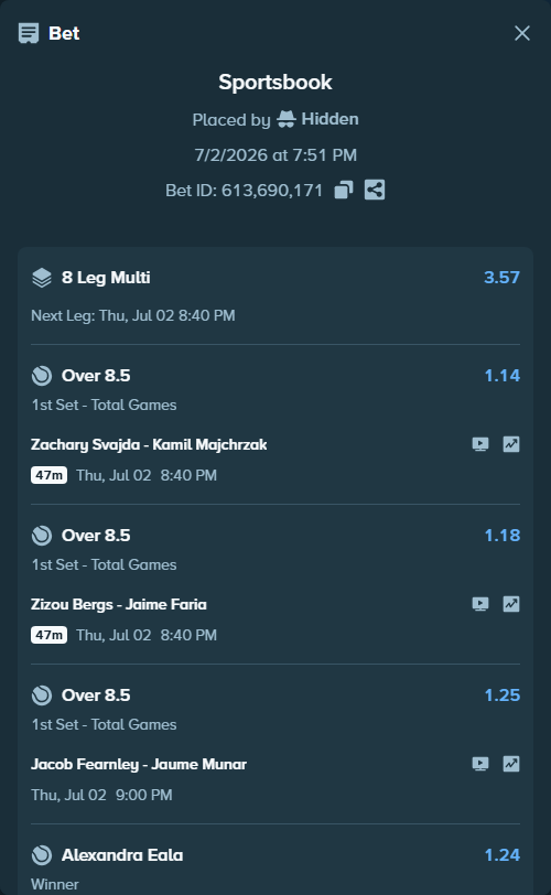 Bet slip: Zachary Svajda - Kamil Majchrzak, $125,000.00 stake at 1.14 odds, placed by Hidden