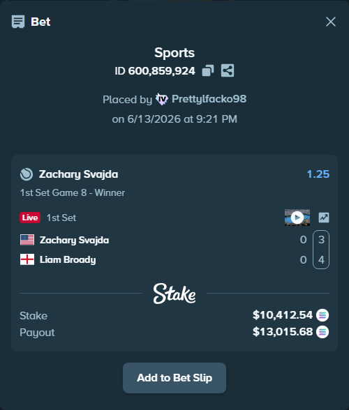 Bet slip: Zachary Svajda - Liam Broady, $11,282.32 stake at 1.25 odds, placed by Prettylfacko98