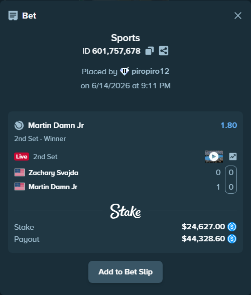 Bet slip: Zachary Svajda - Martin Damn Jr, $24,627.00 stake at 1.80 odds, placed by piropiro12