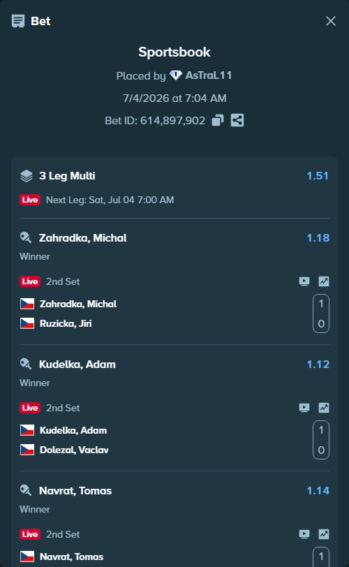 Bet slip: Zahradka, Michal - Ruzicka, Jiri, $16,416.40 stake at 1.18 odds, placed by AsTraL11