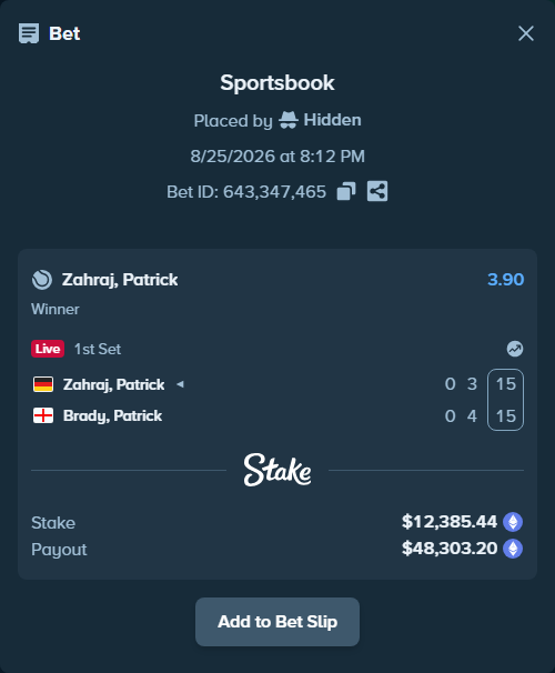 Bet slip: Zahraj, Patrick - Brady, Patrick, $12,396.40 stake at 3.90 odds, placed by Hidden
