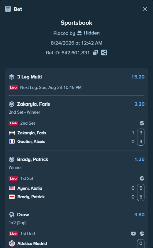 Bet slip: Zakaria, Faris - Gautier, Alexis, $10,000.00 stake at 3.20 odds, placed by Hidden