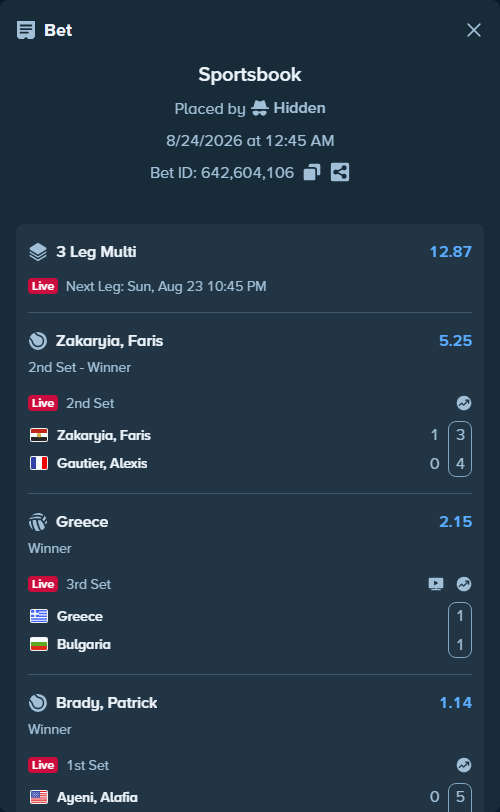 Bet slip: Zakaria, Faris - Gautier, Alexis, $10,000.00 stake at 5.25 odds, placed by Hidden