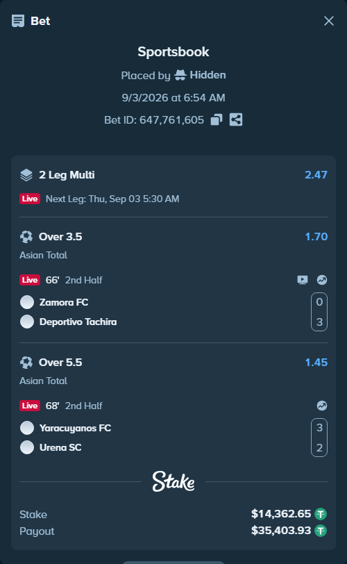 Bet slip: Zamora FC - Deportivo Tachira, $14,362.65 stake at 1.70 odds, placed by Hidden