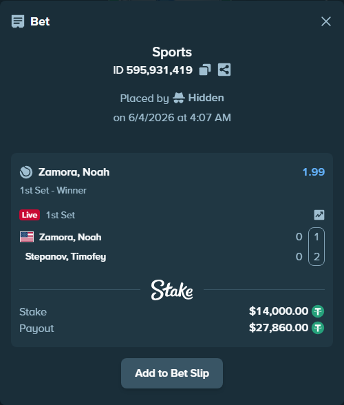 Bet slip: Zamora, Noah - Stepanov, Timofey, $14,014.00 stake at 1.99 odds, placed by Hidden