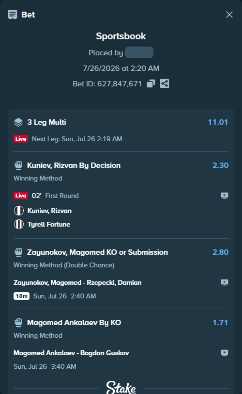 Bet slip: Zaynukov, Magomed - Rzepecki, Damian, $25,000.00 stake at 2.80 odds, placed by Cabrzy