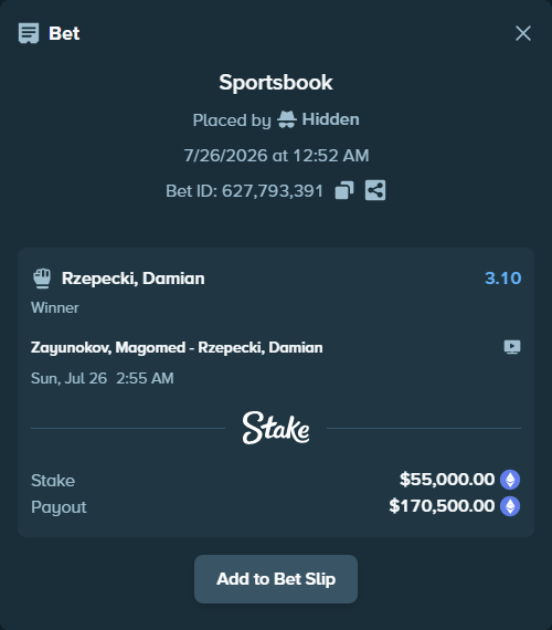 Bet slip: Zaynukov, Magomed - Rzepecki, Damian, $56,064.48 stake at 3.10 odds, placed by Hidden