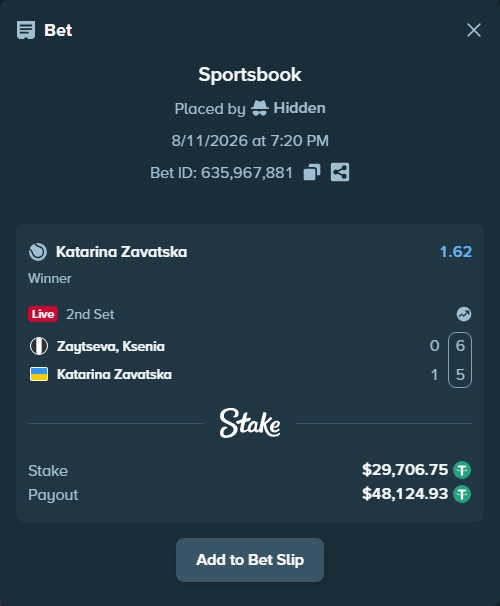 Bet slip: Zaytseva, Ksenia - Katarina Zavatska, $29,736.45 stake at 1.62 odds, placed by Hidden