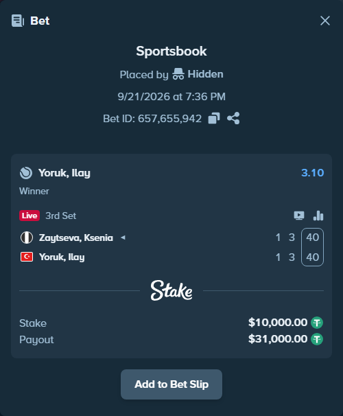 Bet slip: Zaytseva, Ksenia - Yoruk, Ilay, $10,000.00 stake at 3.10 odds, placed by Hidden