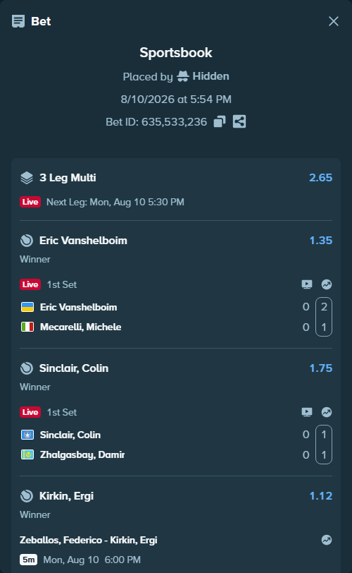 Bet slip: Zeballos, Federico - Kirkin, Ergi, $15,000.00 stake at 1.12 odds, placed by Hidden
