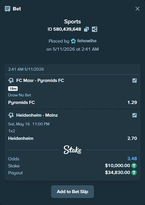 Bet slip: Zed FC - Pyramids FC, $10,000.00 stake at 1.29 odds, placed by fehowihe
