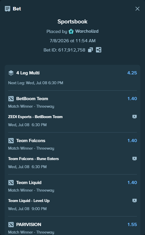 Bet slip: ZEDI Esports - BetBoom Team, $22,829.88 stake at 1.40 odds, placed by Warcholizd