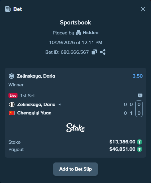 Bet slip: Zelinskaya, Daria - Chengyiyi Yuan, $13,399.39 stake at 3.50 odds, placed by Hidden