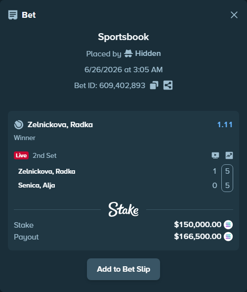 Bet slip: Zelnickova, Radka - Senica, Alja, $162,090.42 stake at 1.11 odds, placed by Hidden