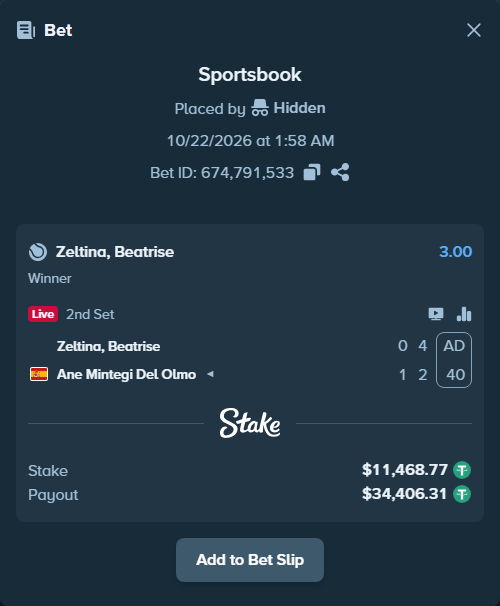 Bet slip: Zeltina, Beatrise - Ane Mintegi Del Olmo, $11,480.24 stake at 3.00 odds, placed by Hidden