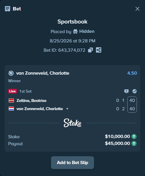 Bet slip: Zeltina, Beatrise - van Zonneveld, Charlotte, $10,000.00 stake at 4.50 odds, placed by Hidden