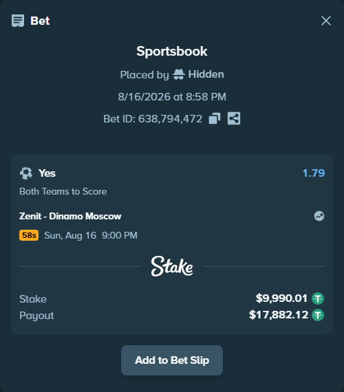 Bet slip: Zenit - Dinamo Moscow, $10,000.00 stake at 1.79 odds, placed by Hidden