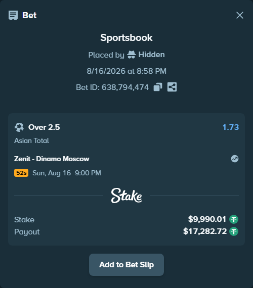 Bet slip: Zenit - Dinamo Moscow, $10,000.00 stake at 1.73 odds, placed by Hidden