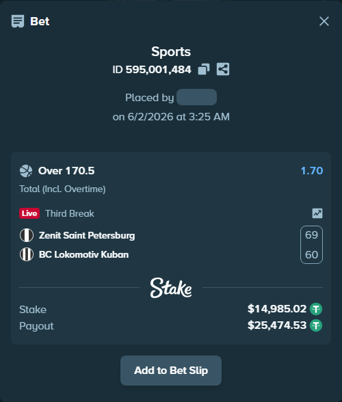 Bet slip: Zenit Saint Petersburg - BC Lokomotiv Kuban, $15,000.00 stake at 1.70 odds, placed by Swagger7727