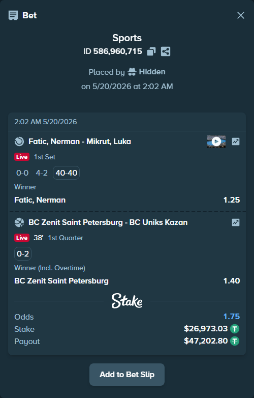 Bet slip: Zenit Saint Petersburg - BC Uniks Kazan, $27,000.00 stake at 1.40 odds, placed by Hidden