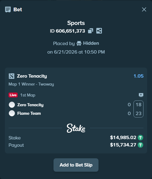 Bet slip: Zero Tenacity - Flame Esports, $15,000.00 stake at 1.05 odds, placed by Hidden