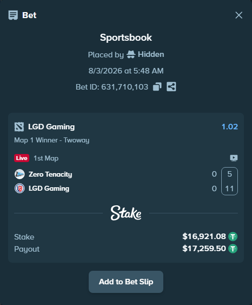 Bet slip: Zero Tenacity - LGD Gaming, $16,938.00 stake at 1.02 odds, placed by Hidden