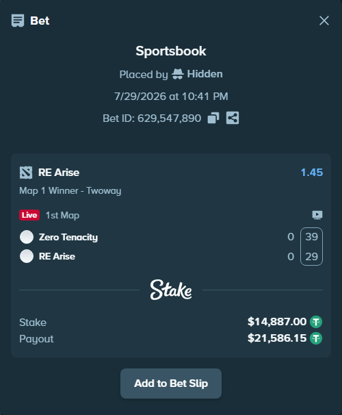 Bet slip: Zero Tenacity - RE Arise, $14,901.89 stake at 1.45 odds, placed by Hidden