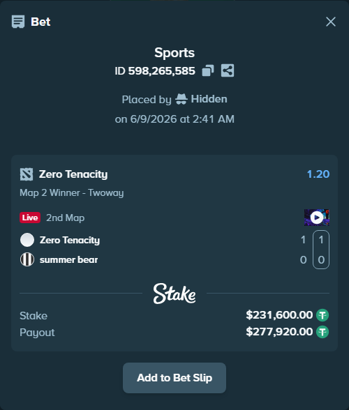 Bet slip: Zero Tenacity - summer bear, $231,600.00 stake at 1.20 odds, placed by Hidden