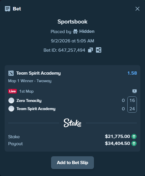 Bet slip: Zero Tenacity - Team Spirit Academy, $21,775.00 stake at 1.58 odds, placed by Hidden