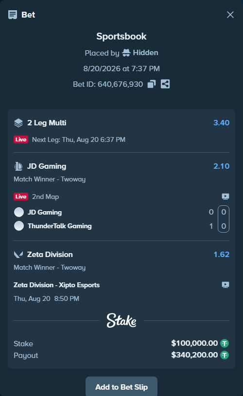 Bet slip: Zeta Division - Xipto Esports, $100,100.00 stake at 1.62 odds, placed by Hidden