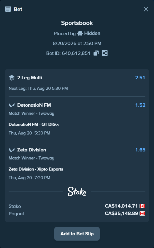 Bet slip: Zeta Division - Xipto Esports, $10,370.89 stake at 1.65 odds, placed by Hidden