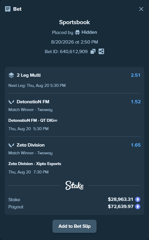 Bet slip: Zeta Division - Xipto Esports, $30,743.60 stake at 1.65 odds, placed by Hidden