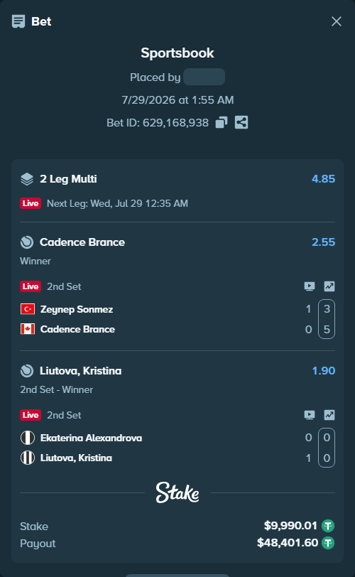 Bet slip: Zeynep Sonmez - Cadence Brance, $10,000.00 stake at 2.55 odds, placed by WinTr10