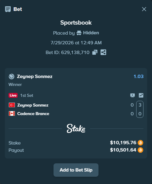 Bet slip: Zeynep Sonmez - Cadence Brance, $10,368.71 stake at 1.03 odds, placed by Hidden