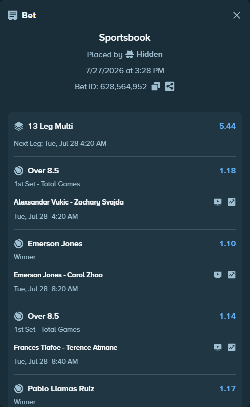 Bet slip: Zeynep Sonmez - Cadence Brance, $125,000.00 stake at 1.12 odds, placed by Hidden