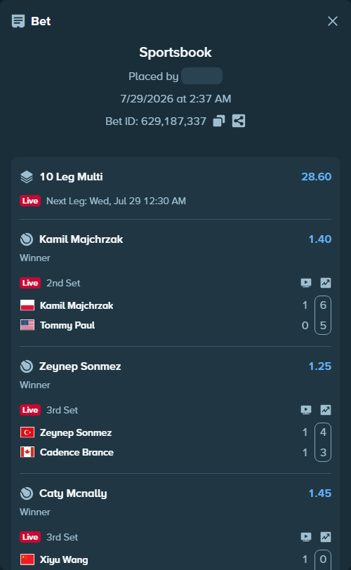 Bet slip: Zeynep Sonmez - Cadence Brance, $33,385.32 stake at 1.25 odds, placed by Prettylfacko98
