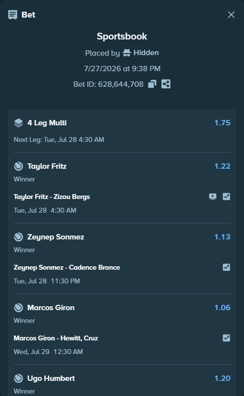 Bet slip: Zeynep Sonmez - Cadence Brance, $37,088.49 stake at 1.13 odds, placed by Hidden