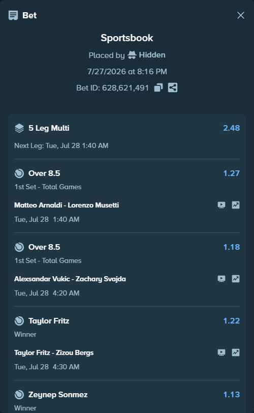 Bet slip: Zeynep Sonmez - Cadence Brance, $38,314.76 stake at 1.13 odds, placed by Hidden