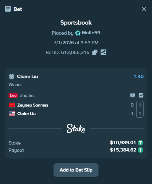 Bet slip: Zeynep Sonmez - Claire Liu, $11,000.00 stake at 1.40 odds, placed by Molle59