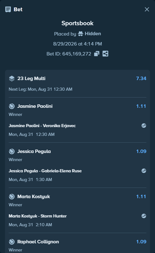 Bet slip: Zeynep Sonmez - Coco Gauff, $12,520.32 stake at 1.19 odds, placed by Hidden