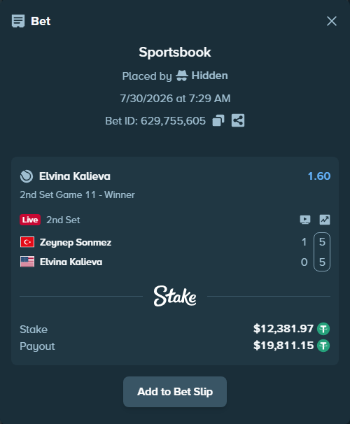 Bet slip: Zeynep Sonmez - Elvina Kalieva, $12,394.35 stake at 1.60 odds, placed by Hidden