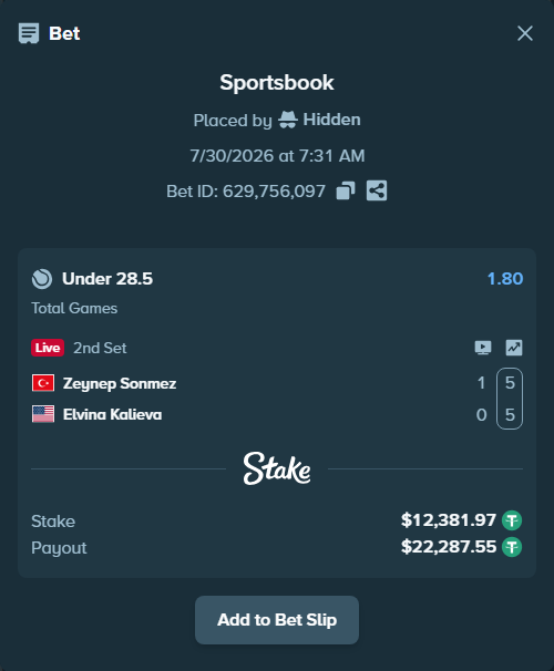 Bet slip: Zeynep Sonmez - Elvina Kalieva, $12,394.35 stake at 1.80 odds, placed by Hidden