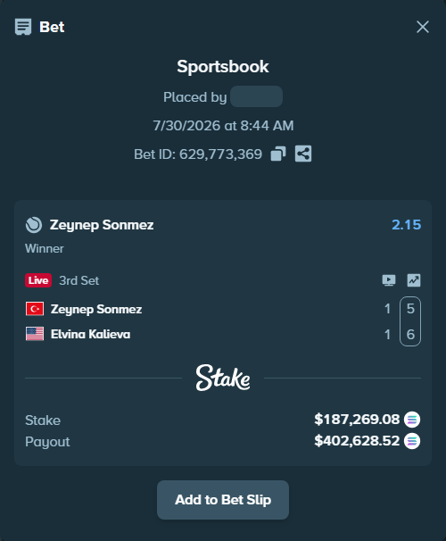 Bet slip: Zeynep Sonmez - Elvina Kalieva, $185,352.45 stake at 2.15 odds, placed by Prettylfacko98