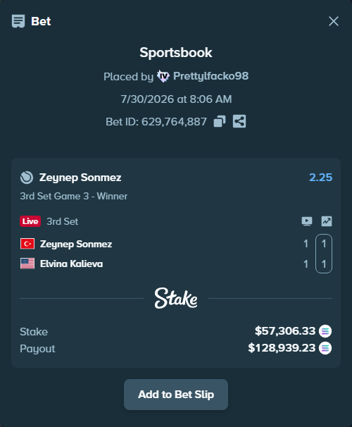 Bet slip: Zeynep Sonmez - Elvina Kalieva, $56,553.24 stake at 2.25 odds, placed by Prettylfacko98