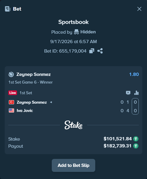 Bet slip: Zeynep Sonmez - Iva Jovic, $101,623.36 stake at 1.80 odds, placed by Hidden